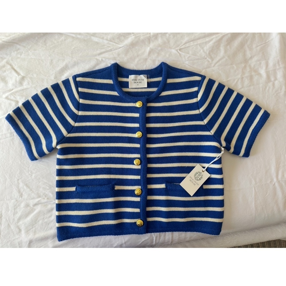 Short-Sleeve Striped Cardigan Sweater in Blue and Cream